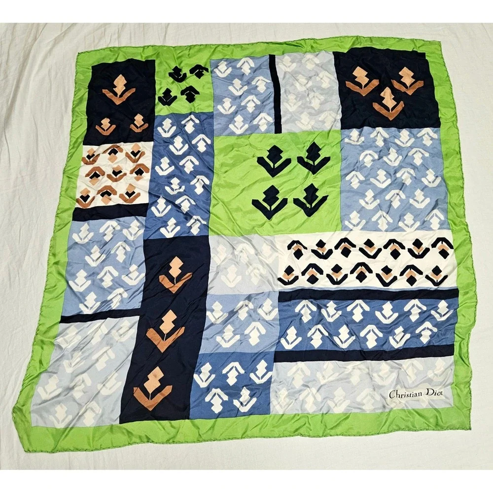 Christian Dior circa 1970 Silk Scarf Green Blue Geometric Abstract Square. EUC.